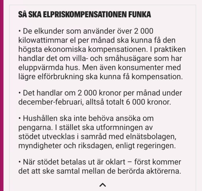 Skärmdump av text som beskriver hur elpriskompensationen ska fungera, inkluderar belopp och kriterier.