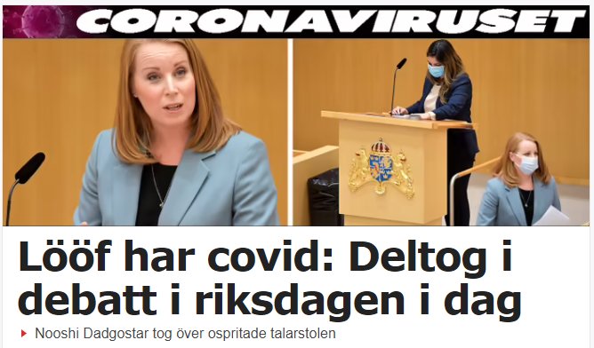 Kollage av två bilder i riksdagen, en kvinna talar utan munskydd, en annan sitter med munskydd.