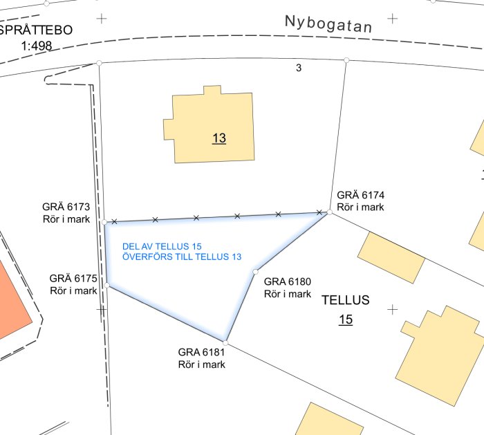 Fastighetskarta med markerade tomter och omstrukturerade gränser för ägarbyte.