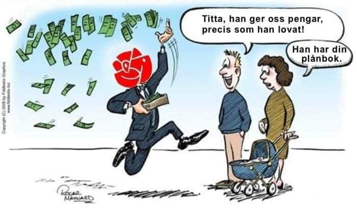 Karikatyr av en person som kastar pengar medan en annan pekar och en tredje håller en barnvagn.