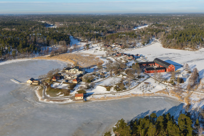 Flygbild över vintersamhälle med byggnader nära frusen sjö och vägar genom skogsterräng.