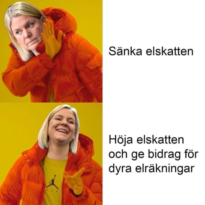 Kollage av kvinna med ledsen och glad uttryck, texter om att sänka respektive höja elskatten.