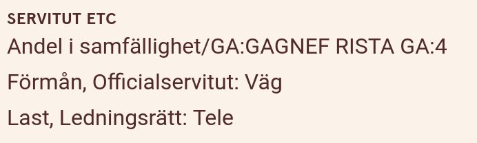 Dokumentutdrag med texten "Servitut etc., Andel i samfällighet, Förmån: Officialservitut: Väg, Last, Ledningsrätt: Tele".