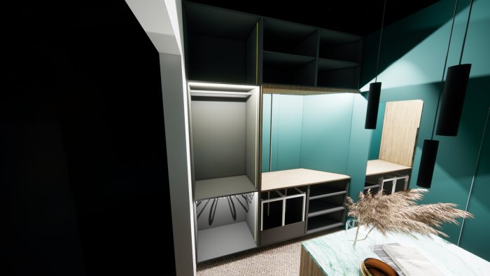 3D-renderad bild av ett modernt inre Walk-in Closet-designprojekt.