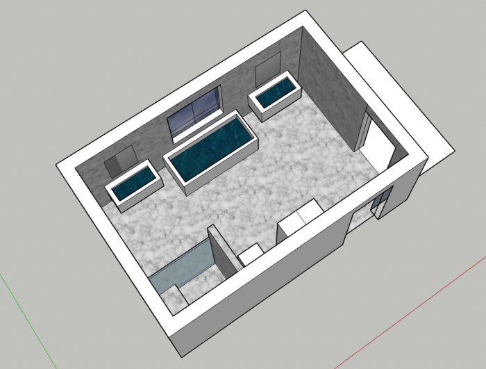 3D-skiss av ett badrumsutrymme med marmorliknande golv, handfat, skåp och handduksställ.