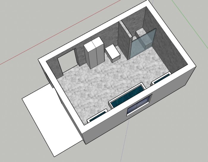 3D-skiss av ett badrum med rokokobyrå som handfat, skåp, bänk och handdukstork.