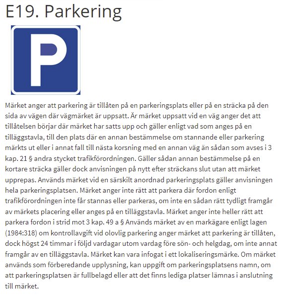 Sveriges vägtrafikskylt E19 för parkering med en stor blå P mot vit bakgrund, intill text om parkeringsregler.