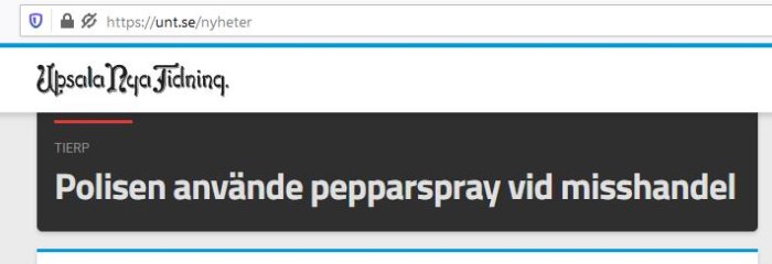 Skärmdump från Uppsala Nya Tidning med rubriken "Polisen använde pepparspray vid misshandel".