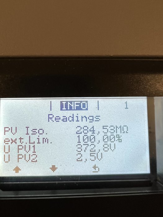 Digital display av en växelriktare som visar olika elektriska parametrar såsom PV Isc och Ext.Lim.