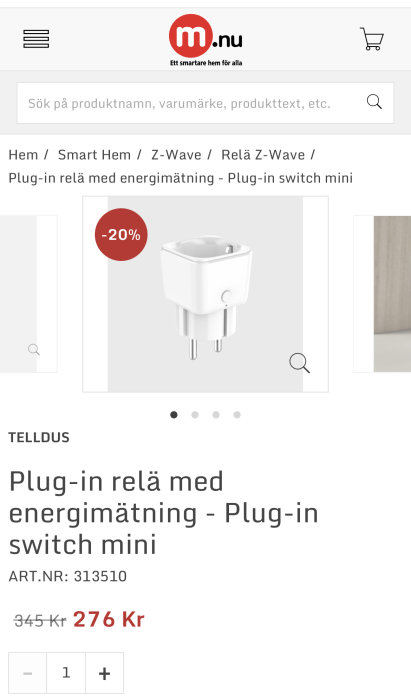 Telldus plug-in relä med energimätning, vit, på en produktwebbsida med rabattmärkning.