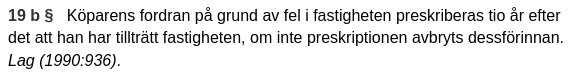 Utdrag ur lagtext som beskriver preskription av köparens fordran på grund av fel i fastighet enligt Jordabalken.