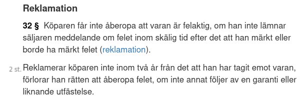 Textutdrag ur lagtext om reklamation som diskuterar köparens rättigheter och tidsramar för att åberopa fel på vara.