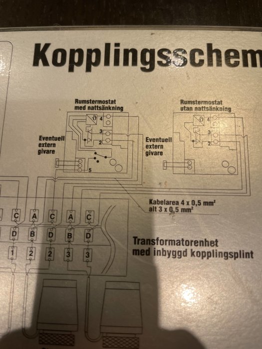 Översikt av ett kopplingsschema med etiketter för rumstermostat med och utan nattsänkning och transformator.