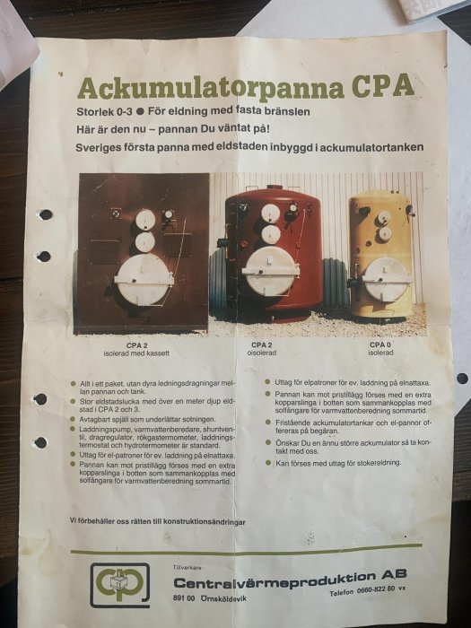 Äldre broschyr för Ackumulatorpannan CPA med bilder på tre olika modeller av pannor och informativ text.