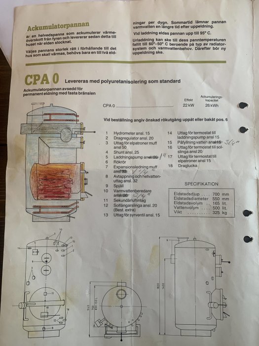 Gammal broschyr för CPA-pannan med beskrivningar och tekniska ritningar av ackumulatorpannan och dess komponenter.