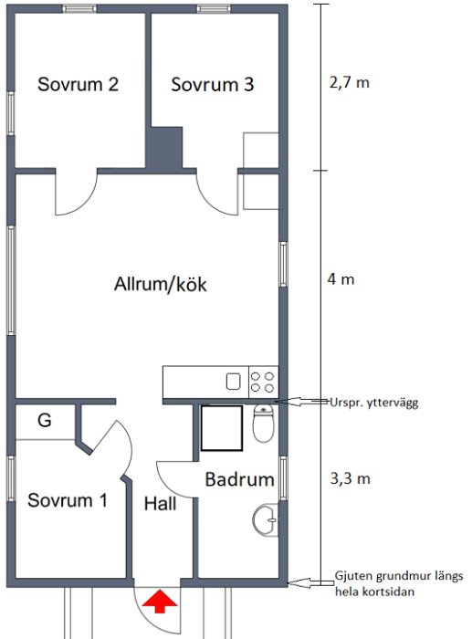 Ritning av husplan med markerade sovrum, allrum/kök, badrum, hall och en ursprunglig yttervägg.