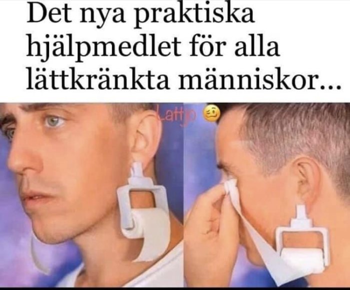 Humoristisk bild av en man med en plasthållare på örat som håller ett näsduksark.