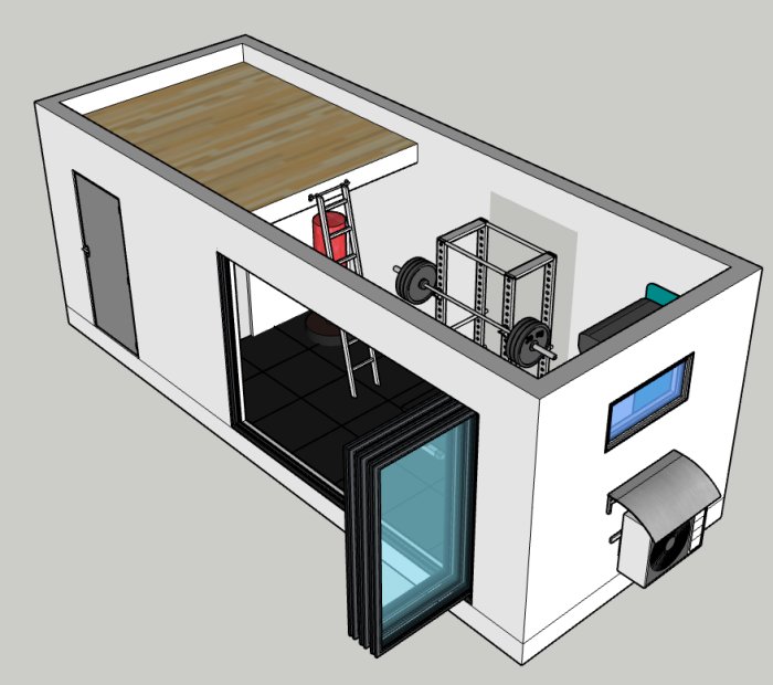 3D-modell av en sidobyggnad med öppen planlösning inklusive gymutrustning och ett separat badrum.