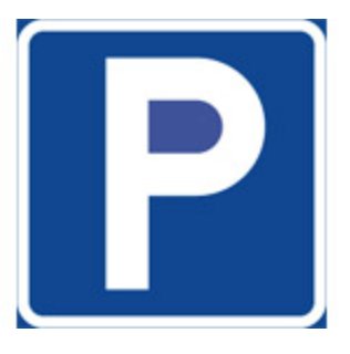 Blått parkeringsskylt med ett vitt "P" som symboliserar parkering.