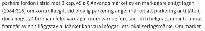 Skärmdump av text som diskuterar parkeringsregler och tilläggstavlor enligt svensk lag, med fokus på maxtider och kontrollavgifter.