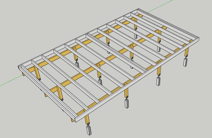 3D-modell av en omvänd träbjälklag med stödben.