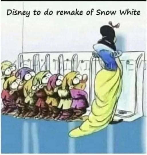 Animerad karaktär liknande Snövit framför en mikrovågsugn med figurer liknande de sju dvärgarna inuti.