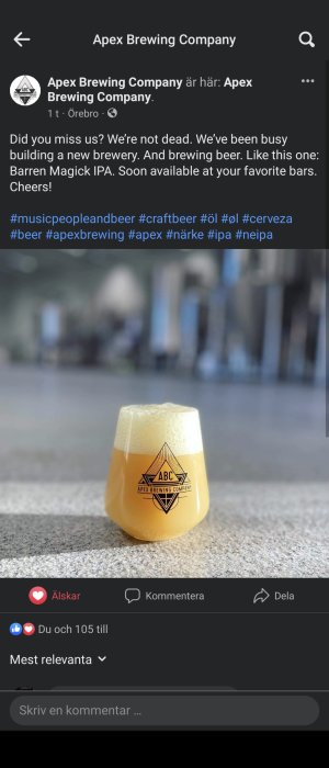 Ett glas med grumlig IPA-öl märkt "Apex Brewing Company" på en gatsten.