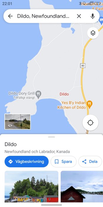 Skärmavbild av kartvy och bilder på orten Dildo i Newfoundland och Labrador, Kanada.