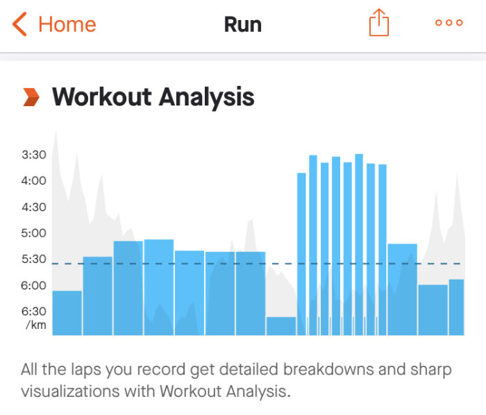 Skärmdump av en Workout Analysis app med ett blått stapeldiagram som visar olika varvtider per kilometer.