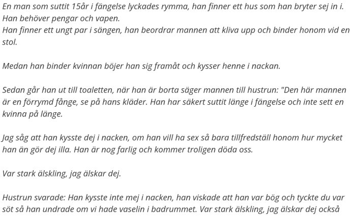 Text på en sida som beskriver en fiktiv situation med en rymd fånge och ett ungt par.