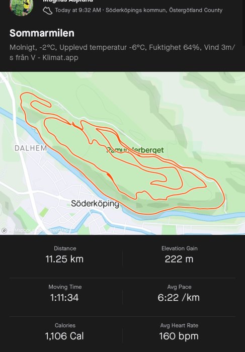 Skärmdump av en löprunda-kartspårning med statistik över distans, tid, höjdvinst, tempo och hjärtfrekvens.