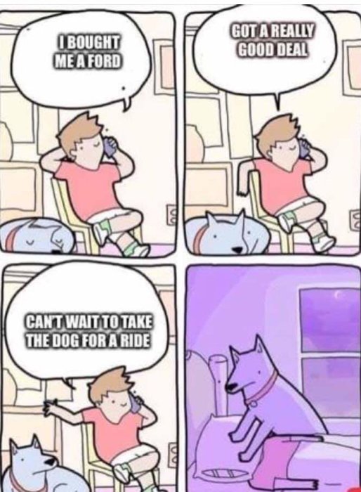 Person som talar i telefon om att köpa en Ford och ser fram emot att köra hund, hundar visas som fordon.