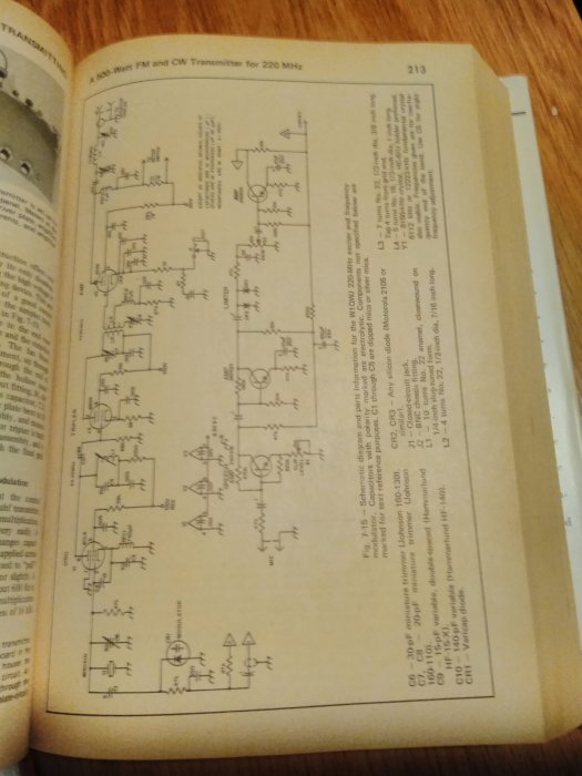 Sida ur en teknisk manual visar ett detaljerat elektriskt schema för en FM- och CW-sändare för 220 MHz.