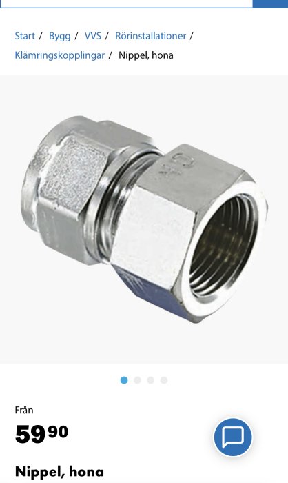Klämringskoppling nippel hona för VVS-installationer.