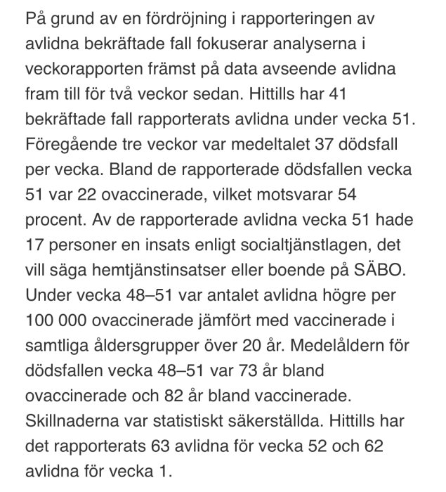 Skärmdump av text som presenterar statistik över COVID-19 relaterade avlidna, indelat efter vaccination och åldersgrupper.