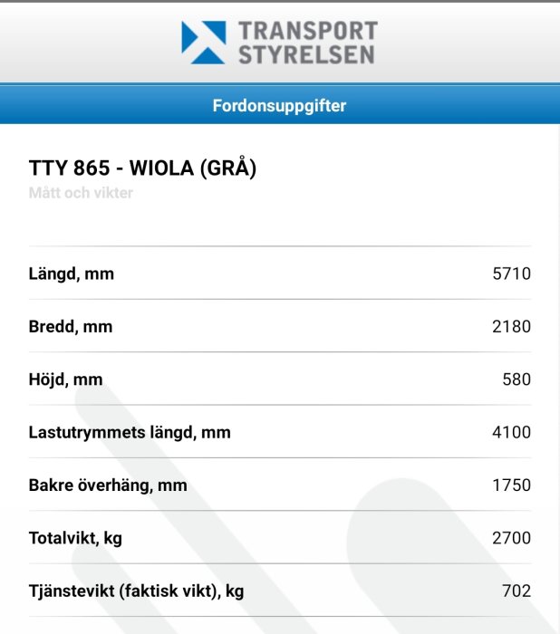 Skärmdump från Transportstyrelsens hemsida som visar fordonsuppgifter för ett grått fordon med registreringsnummer TTY 865.