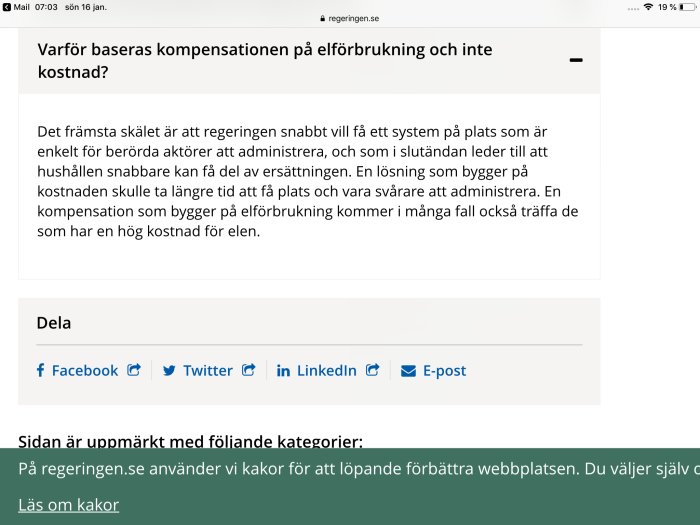 Skärmbild av en webbsida som diskuterar kompensation baserad på elförbrukning och politiska beslut.