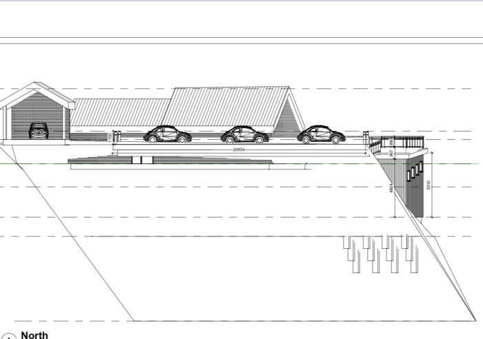 Arkitektonisk sektionsritning som visar en byggnad med källare och bilparkering ovanpå.