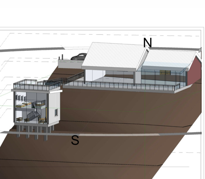 3D-ritning av ett hus med källare på en sluttande tomt, visar ytan under marknivå.