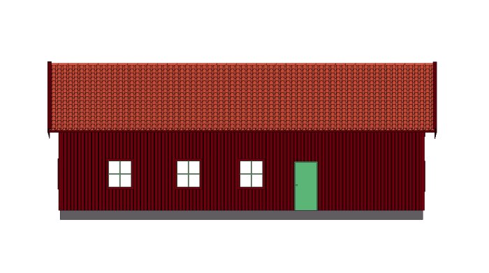 Skiss av rödmålat fritidshus med sadeltak och gröna detaljer planerat för bygge i Orsa.