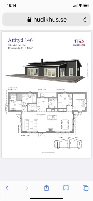 Husmodell 'Attityd 146' med planritning och fasadvy från hudikhus.se som potentiellt byggalternativ för tomt.