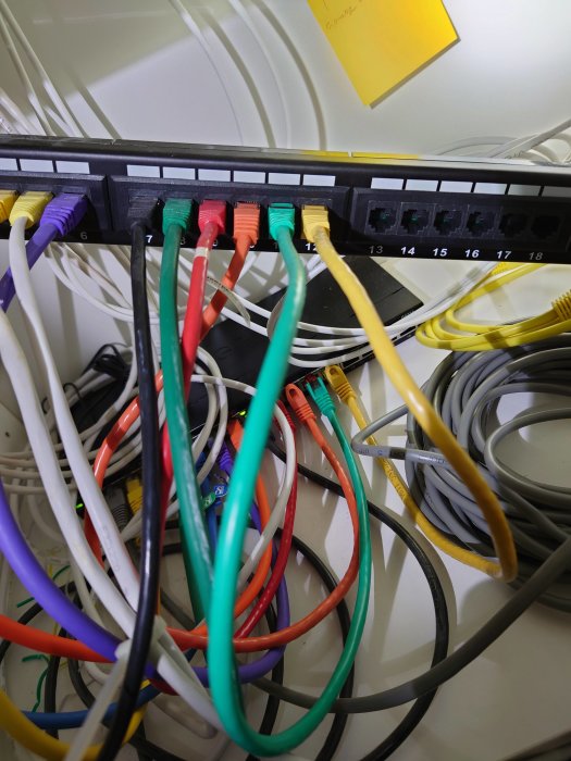 En rörig nätdosa med många färgglada Ethernet-kablar i oordning, vissa anslutna och andra ej.