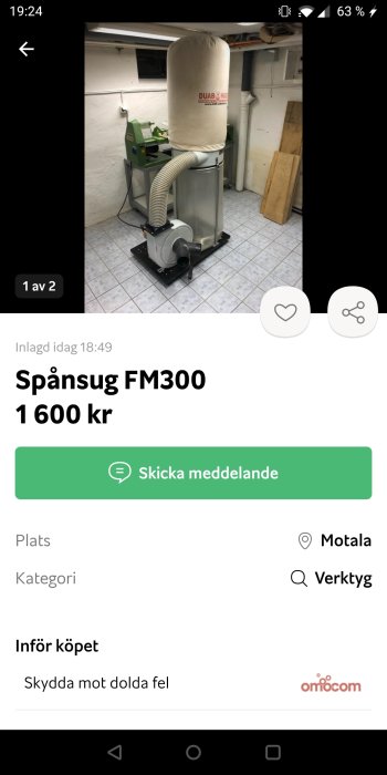 Spånsug FM300 i arbetsrum med betongväggar och kaklat golv.