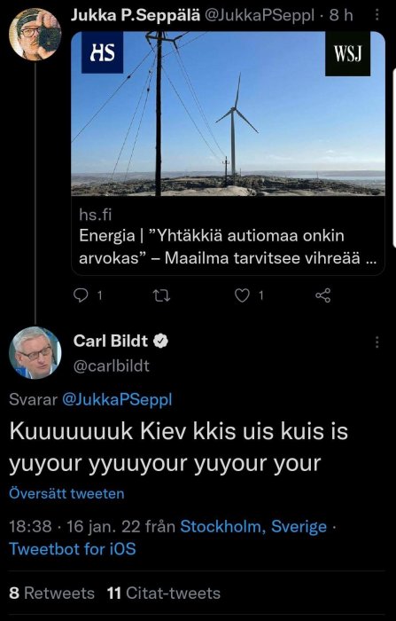 Skärmdump av en Twitter-konversation med en bild: vindkraftverk mot en klar himmel och stolpar i förgrunden.
