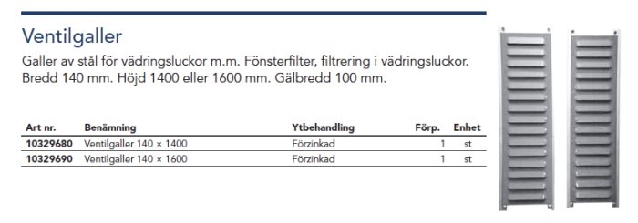 Två stålventilgaller för vädringsluckor med specifikationer för storlek och ytbehandling.