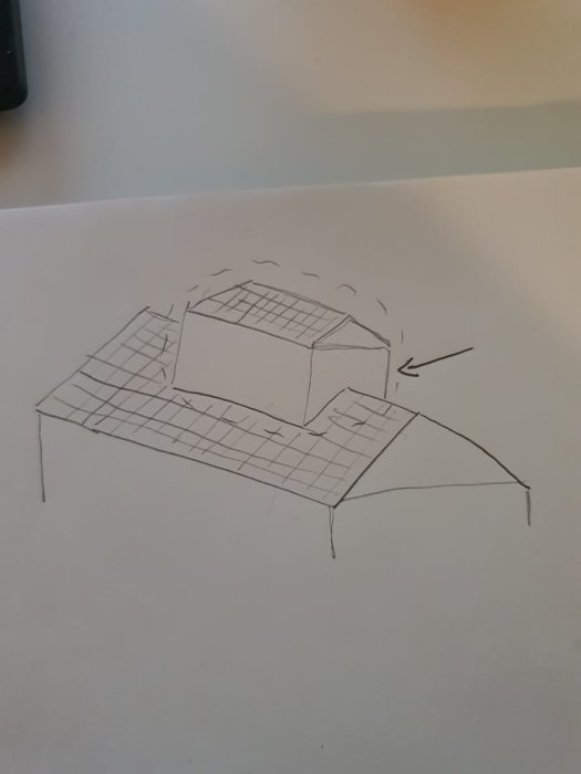 En handritad skiss som visar ett hus med en upphöjd del av taket, markerad med en pil.