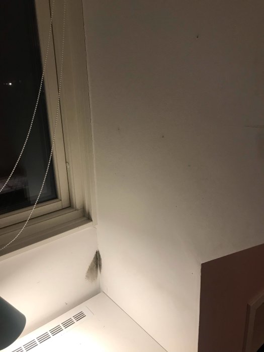 Mörk fläck i hörnet av ett rum nära fönster och element, misstänkt mögelskada.