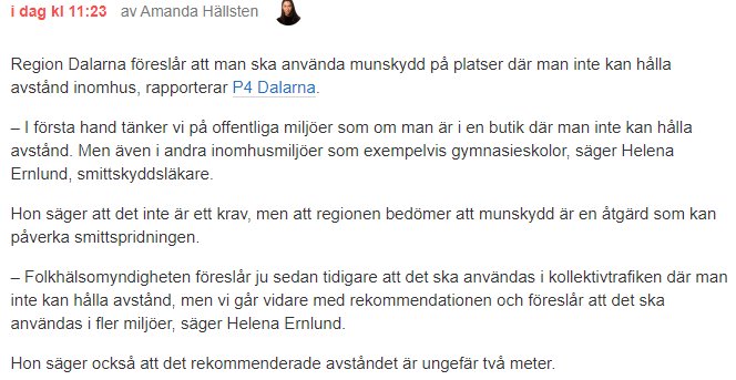 Skärmdump av en artikel där smittskyddsläkare rekommenderar munskydd när avstånd inte kan hållas.