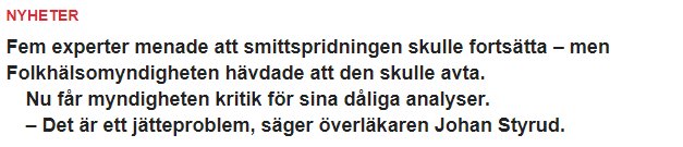 Nyhetsartikeltext om kritik mot Folkhälsomyndigheten för felaktiga analyser om smittspridning.