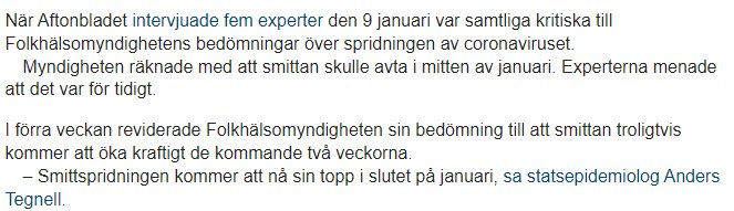 Skärmdump av en nyhetsartikel som diskuterar experternas kritik mot Folkhälsomyndighetens bedömningar om coronavirusets spridning.